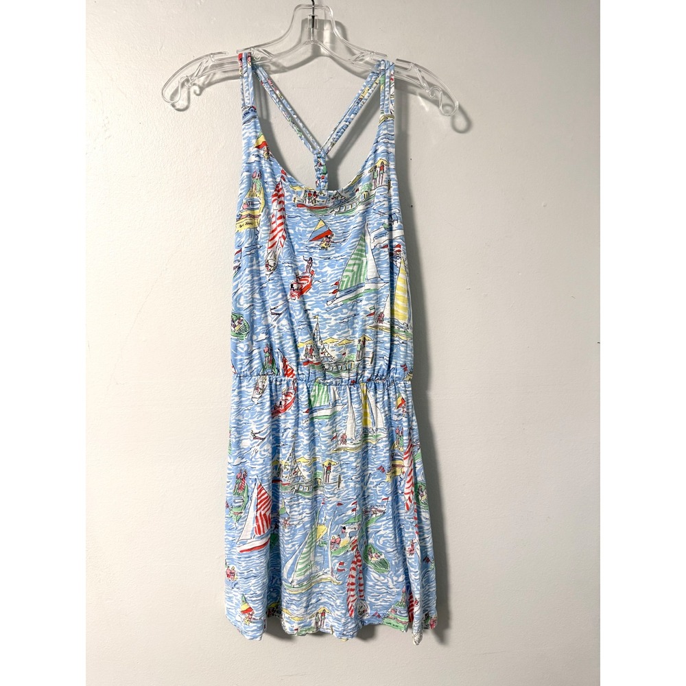 Lilly Pulitzer Get Nauti Blue Sailboat Print Braided Racerback Mini Dress XS